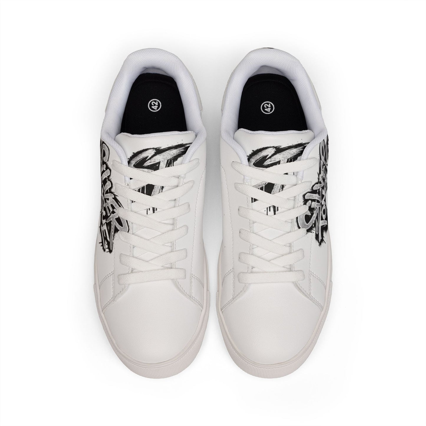 Low-Top Sneakers — White Leather with "Silver Tongue" Graffiti Accent