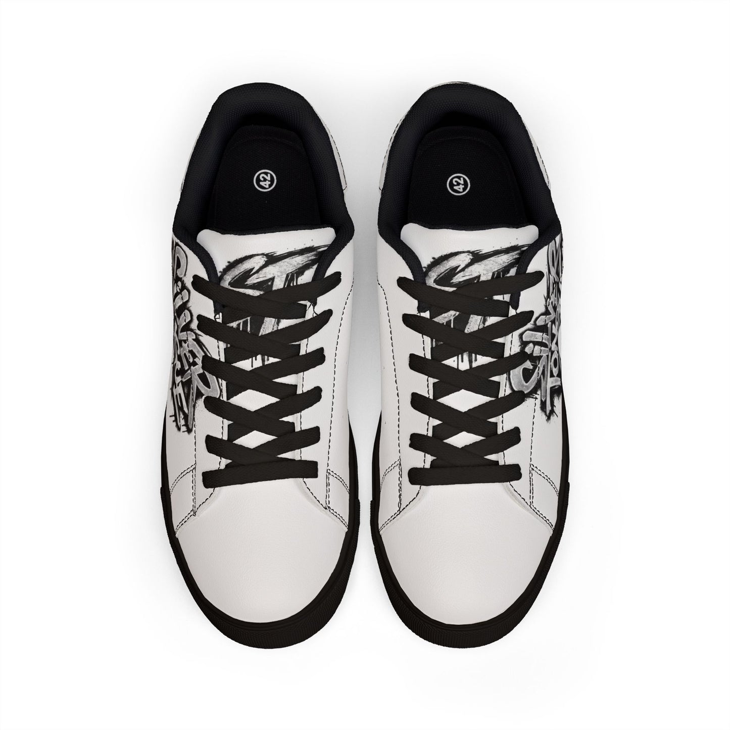 Low-Top Sneakers — White Leather with "Silver Tongue" Graffiti Accent