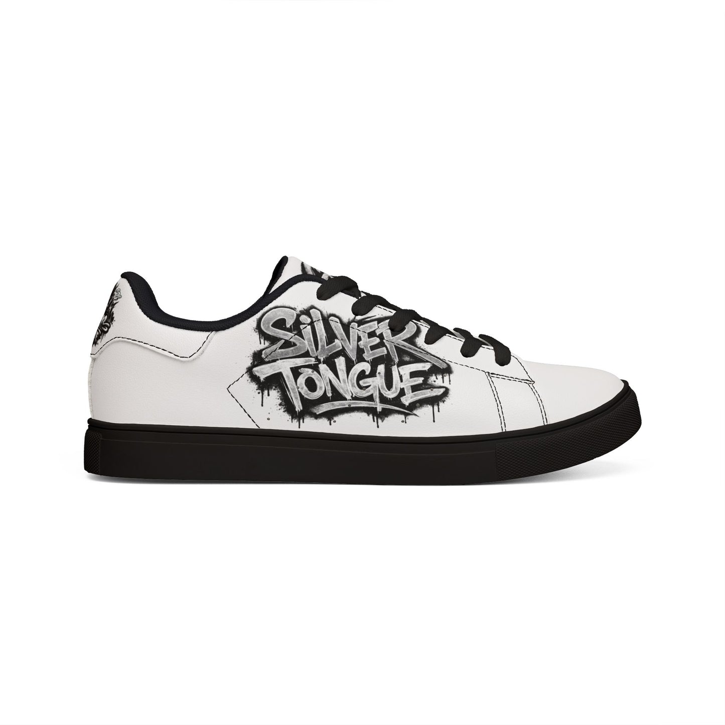 Low-Top Sneakers — White Leather with "Silver Tongue" Graffiti Accent
