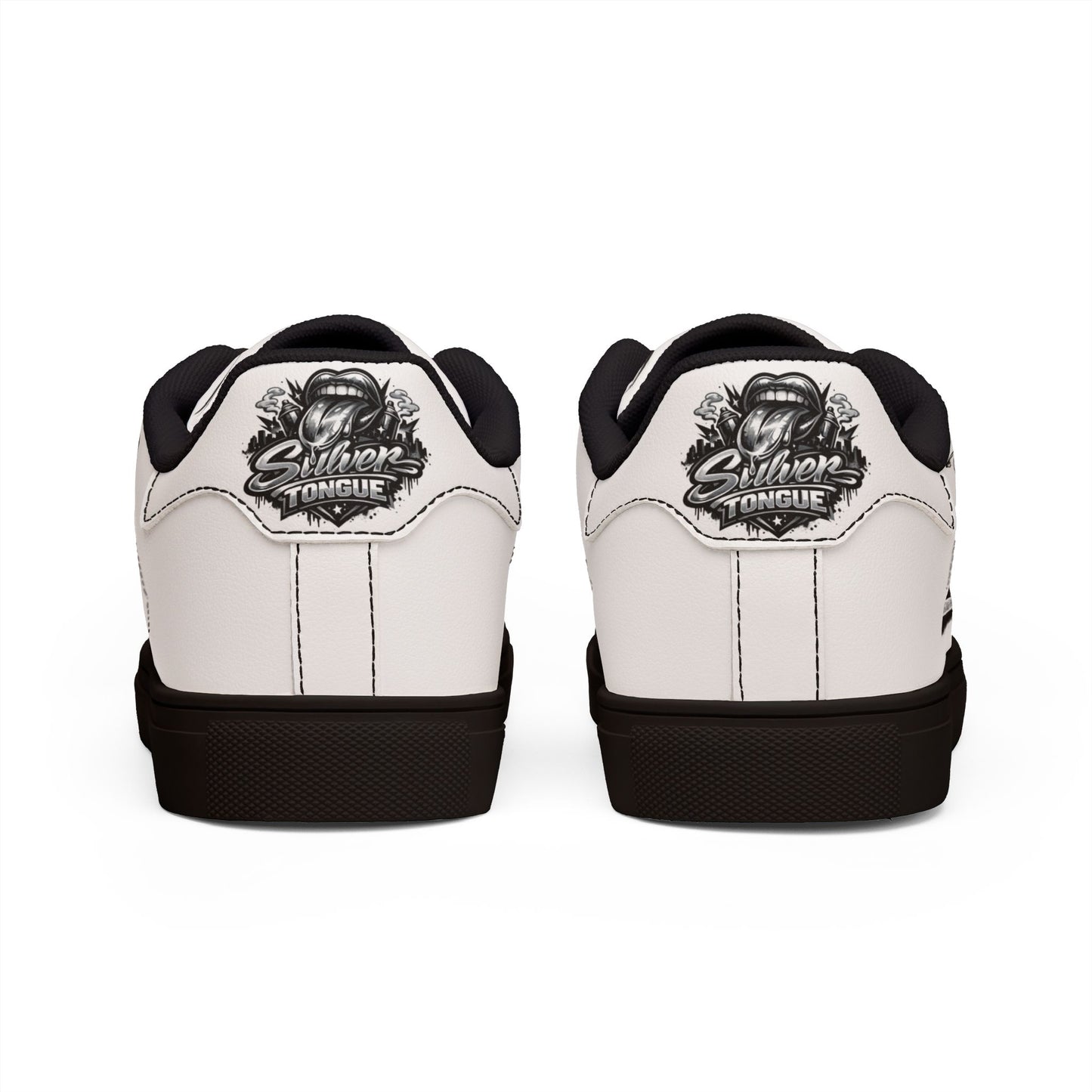 Low-Top Sneakers — White Leather with "Silver Tongue" Graffiti Accent