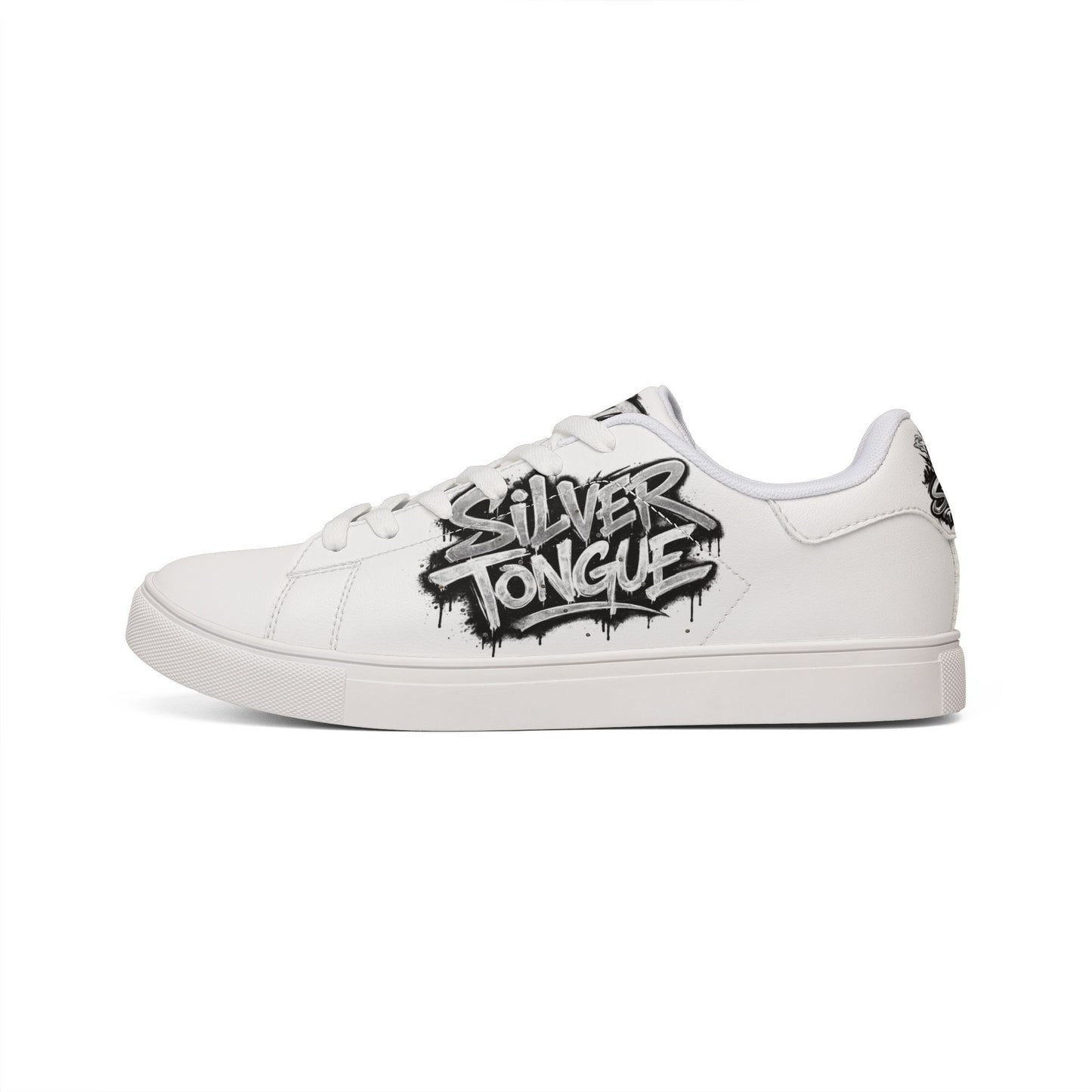Low-Top Sneakers — White Leather with "Silver Tongue" Graffiti Accent