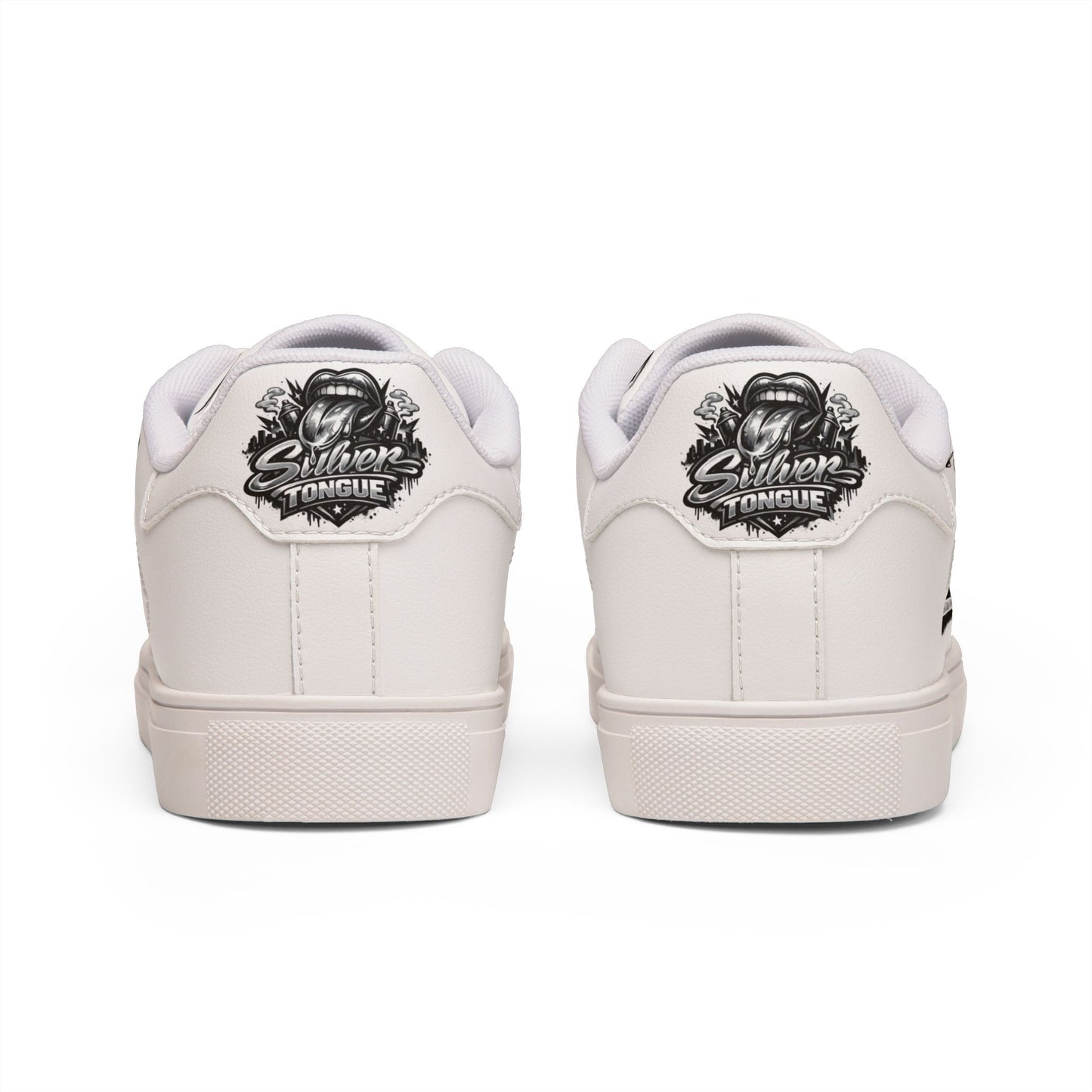 Low-Top Sneakers — White Leather with "Silver Tongue" Graffiti Accent